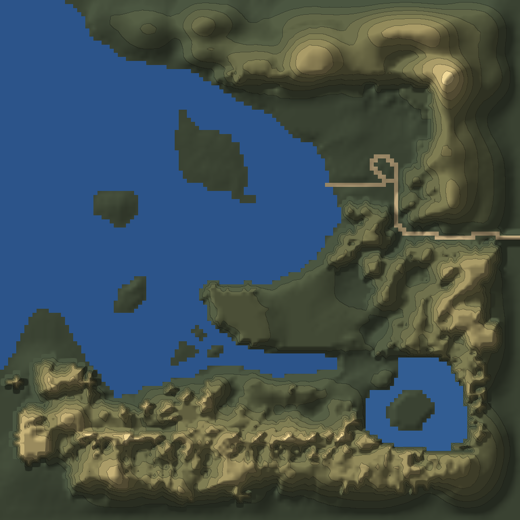Relief map of Avlee from the game's terrain data, with 34 numbered structures, 4 containers and 13 treasure spawns.