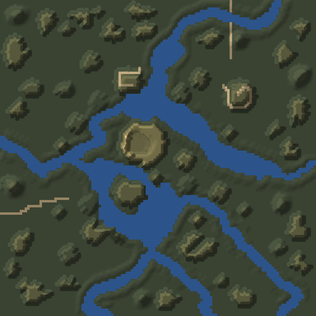 Relief map of Barrow Downs from the game's terrain data, with 15 numbered structures, 7 containers and 13 treasure spawns.