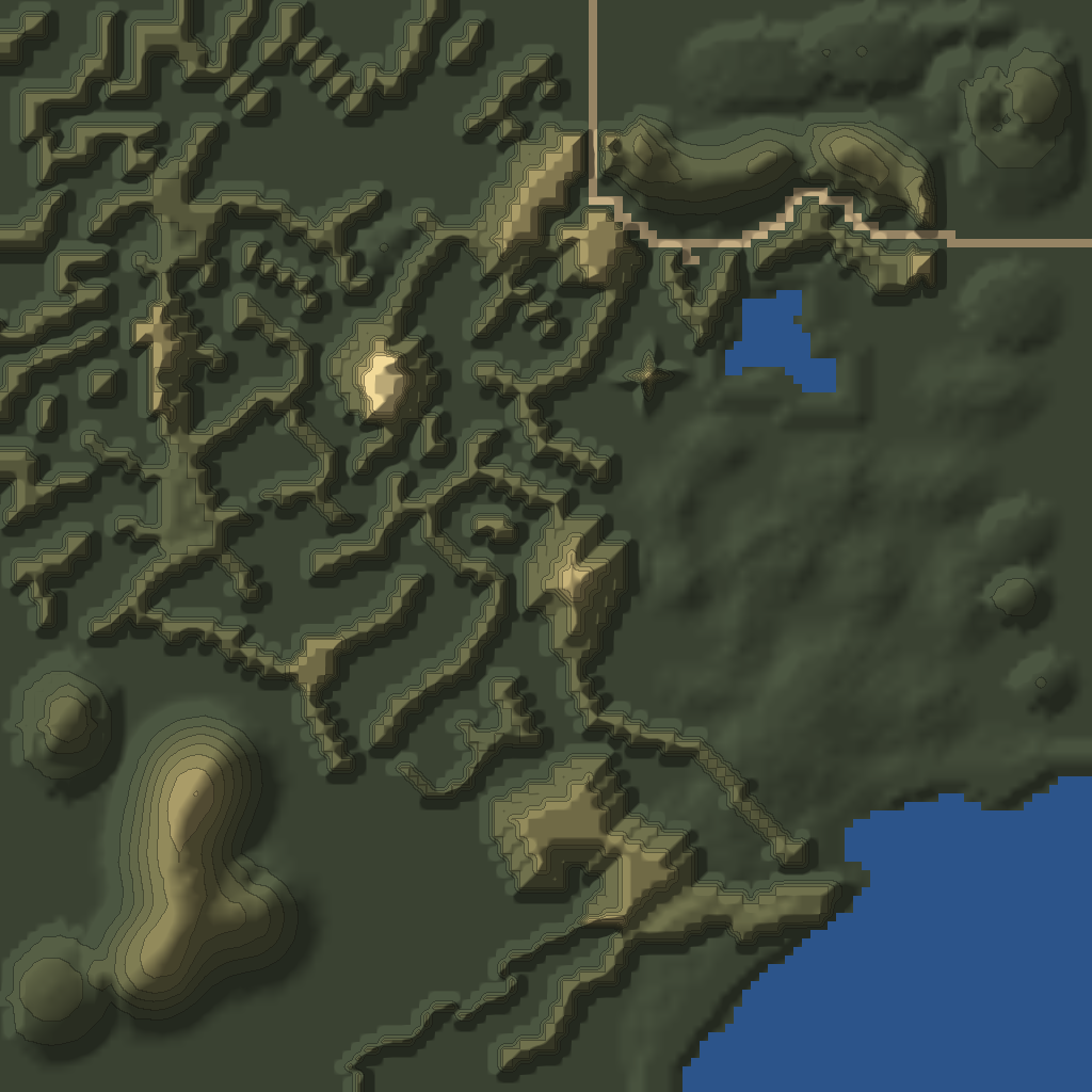 Relief map of Bracada Desert from the game's terrain data, with 32 numbered structures, 6 containers and 12 treasure spawns.