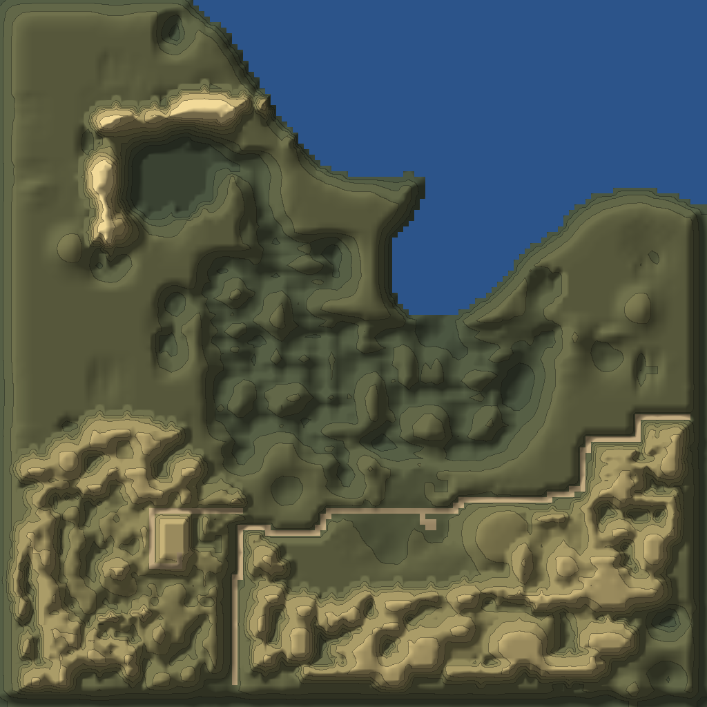 Relief map of Deyja from the game's terrain data, with 39 numbered structures, 7 containers and 7 treasure spawns.