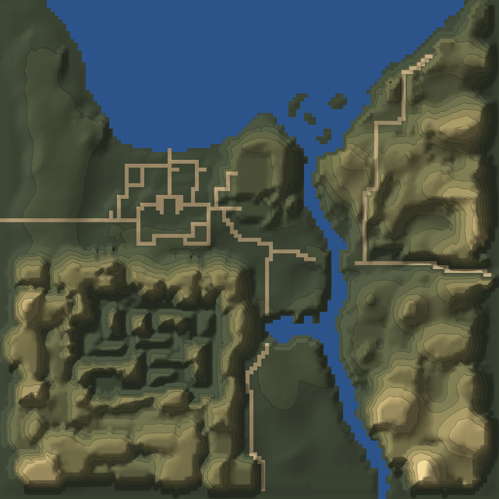 Relief map of Erathia from the game's terrain data, with 59 numbered structures, 11 containers and 14 treasure spawns.