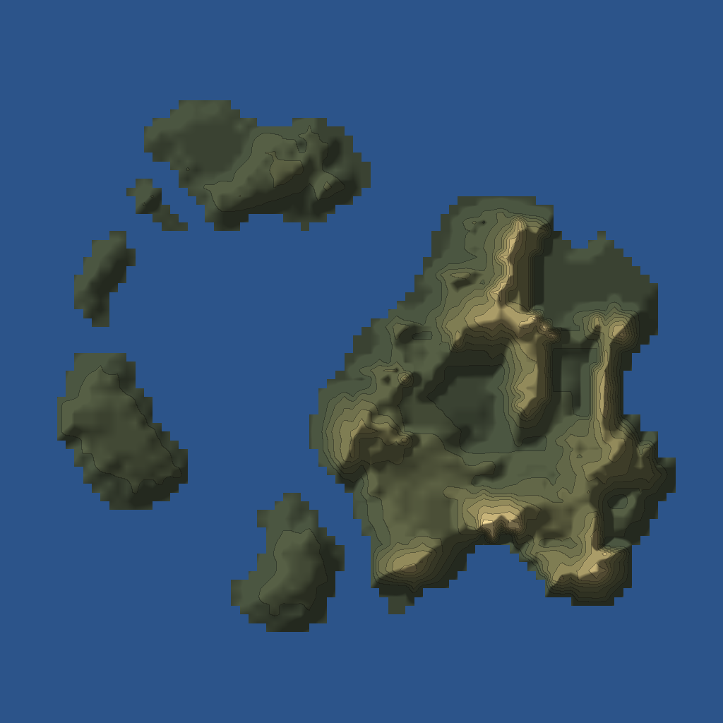 Relief map of Evenmorn Island from the game's terrain data, with 21 numbered structures, 5 containers and 7 treasure spawns.