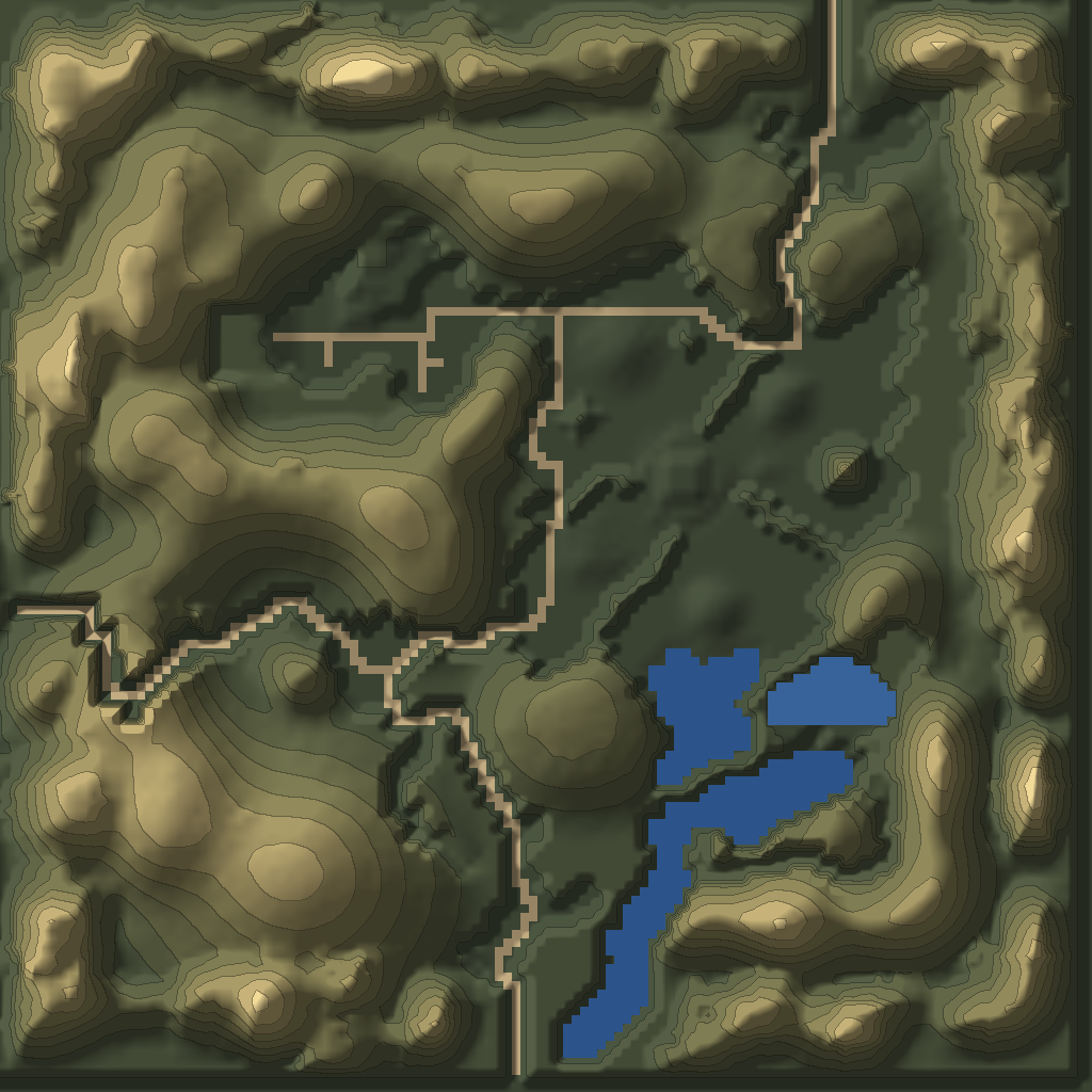 Relief map of Harmondale from the game's terrain data, with 44 numbered structures, 8 containers and 6 treasure spawns.