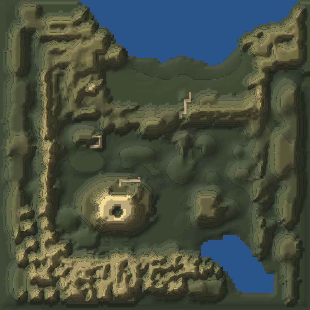 Relief map of Mount Nighon from the game's terrain data, with 34 numbered structures, 9 containers and 9 treasure spawns.