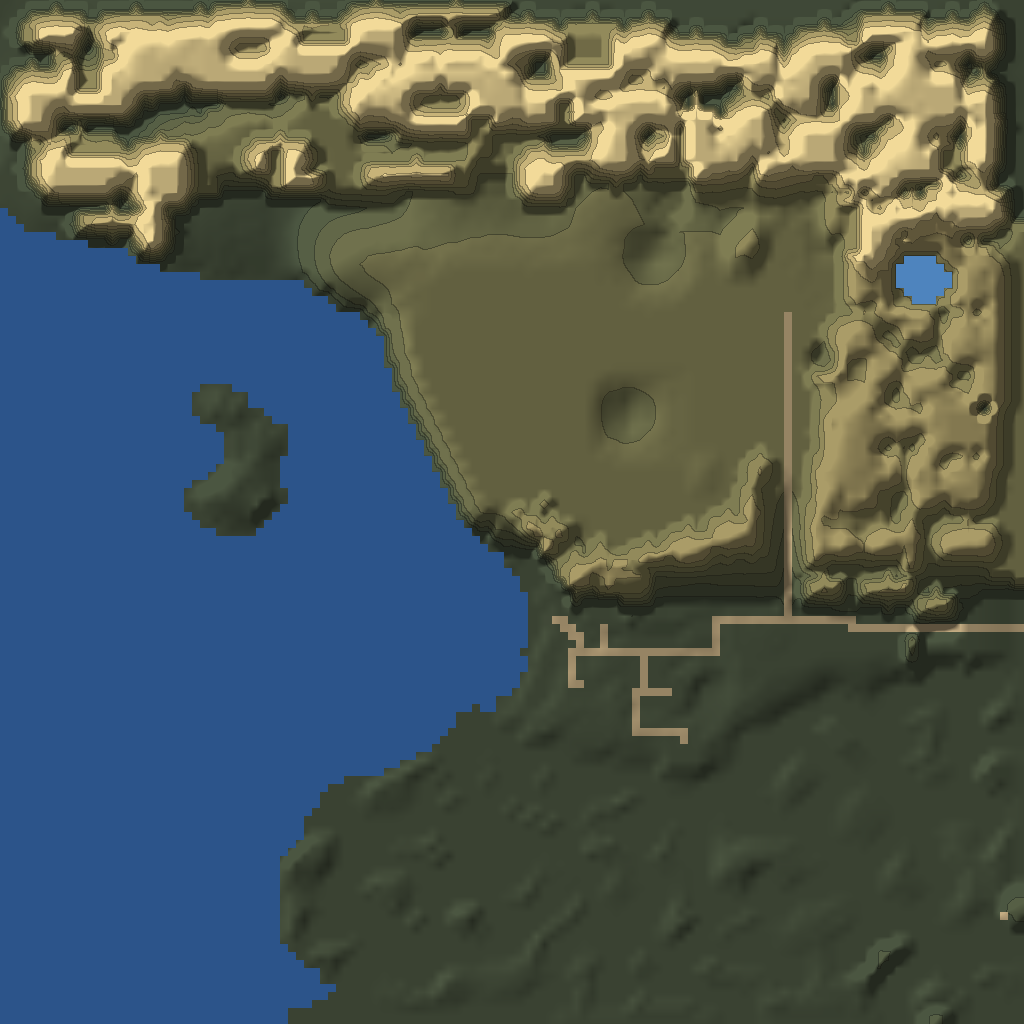 Relief map of Tatalia from the game's terrain data, with 48 numbered structures, 1 containers and 21 treasure spawns.