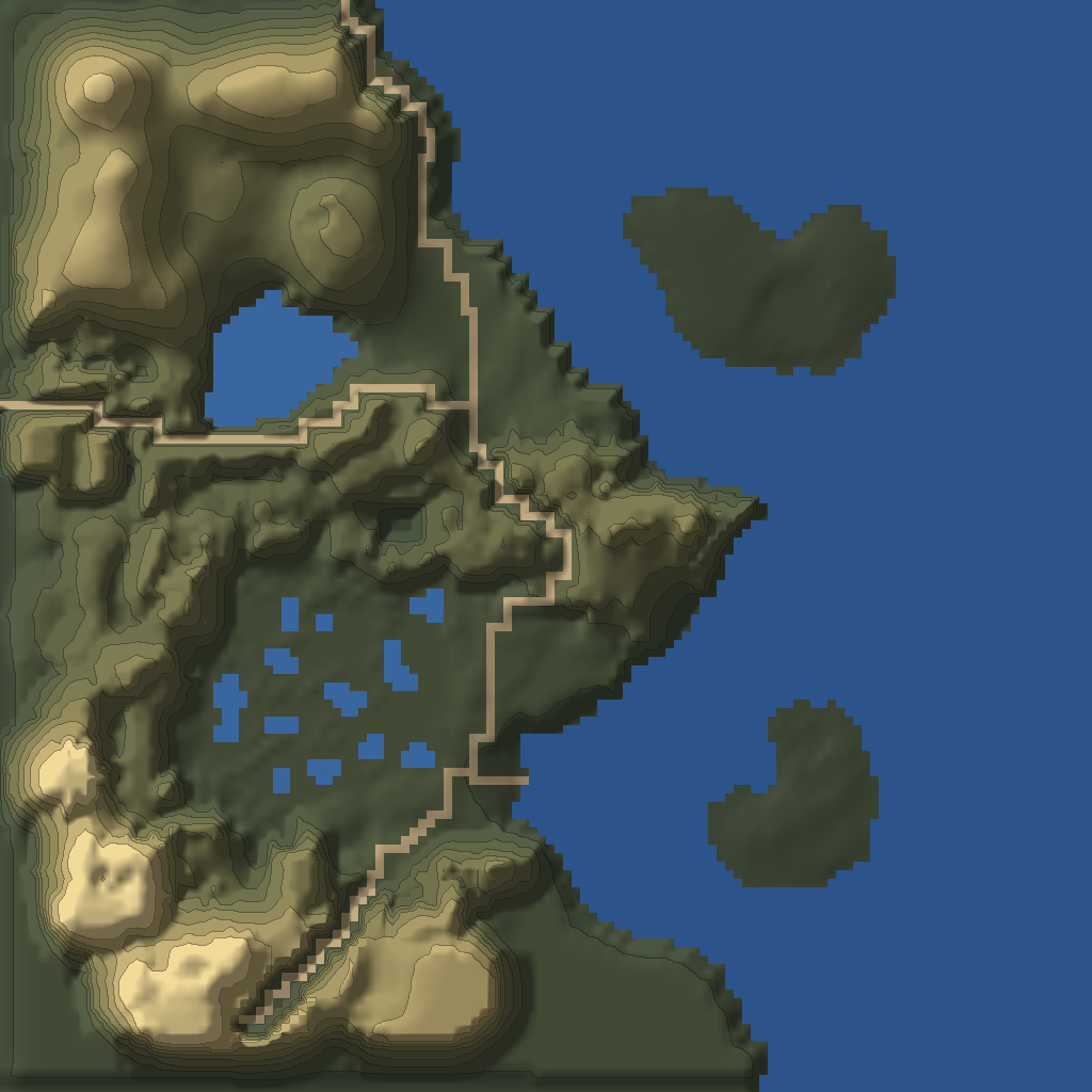 Relief map of Tularean Forest from the game's terrain data, with 41 numbered structures, 7 containers and 7 treasure spawns.